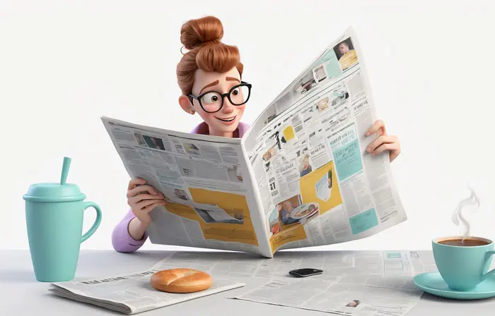 Girl Reading Newspaper with Coffee Cute 3D Character Illustration